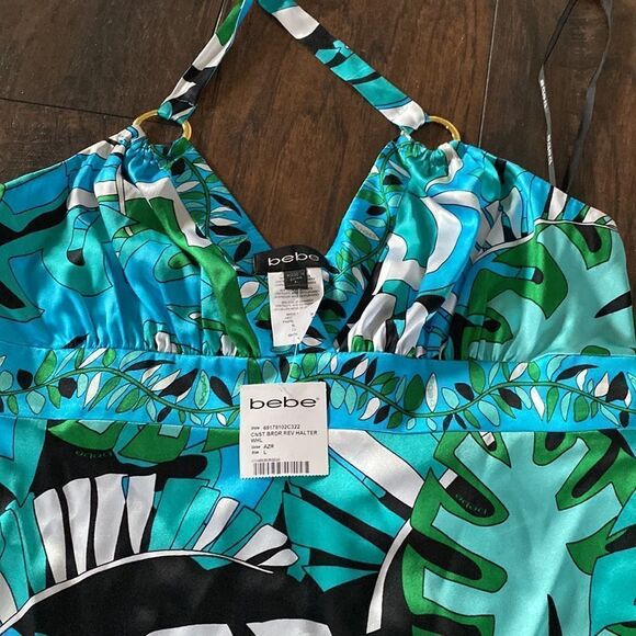 Bebe Jungle Print Neck Tie Halter Top size L NWT 95% silk 5% Spandex - Picture 2 of 11